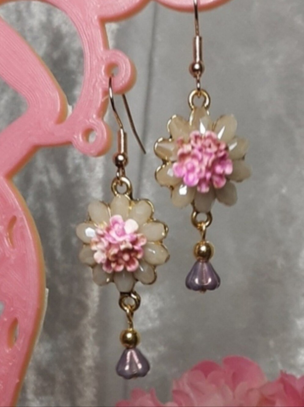 Handmade Glass Beaded Flower Earrings With Raised Flowers Pink Purple